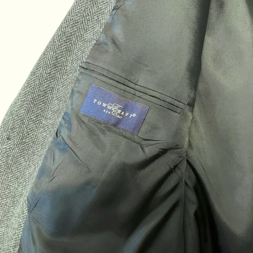 TOWNCRAFT Mens Herringbone Wool Jacket Blazer Lined Pockets Still Closed Dk Blue
